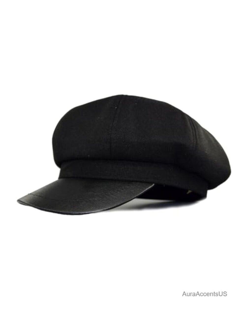 Wool Blend Newsboy Cap PU Leather Brim 8 Panel Cabbie Hat